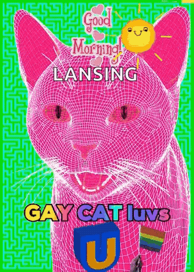 Pink Cat With Rainbow Flag And Balloon On Head GIF