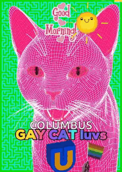Pink Cat With Yellow Balloon And Rainbow Flag GIF