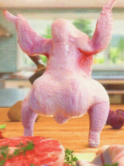 Pink Chicken Standing On Cutting Board GIF