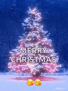 Pink Christmas Tree In Snow With Merry Christmas GIF