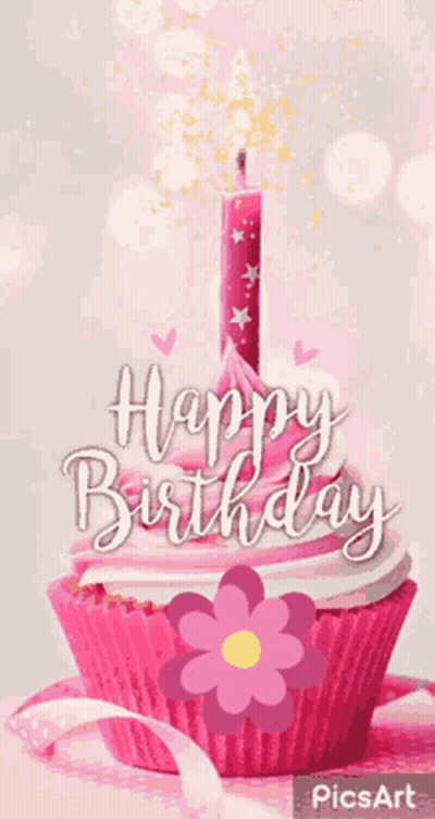 Pink Cupcake With Candle And Happy Birthday GIF