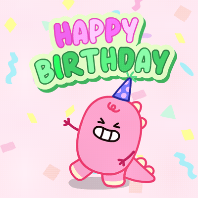 Pink Dinosaur In Party Hat With Happy Birthday Sign GIF