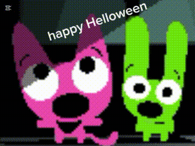 Pink Dog And Green Bunny Saying Happy Helloween GIF