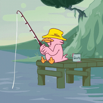 Pink Duck Fishing On Dock GIF
