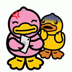 Pink Duck Holding Phone Next To Yellow Duck GIF