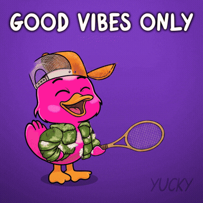 Pink Duck Holding Tennis Racquet Good Vibes Only GIF