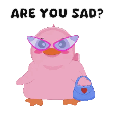 Pink Duck In Sunglasses Holding Blue Purse Saying Are You Sad Sticker