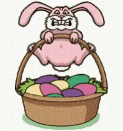 Pink Easter Bunny Jumping Into Basket Of Eggs GIF