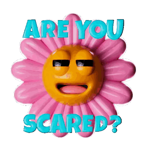 Pink Flower Yellow Face Saying Are You Scared Sticker