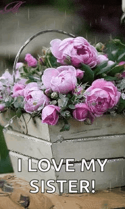 Pink Flowers Basket With I Love My Sister GIF