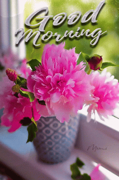 Pink Flowers In Vase Saying Good Morning GIF