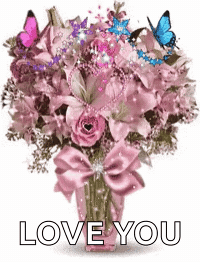 Pink Flowers In Vase With Butterflies GIF