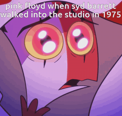 Pink Floyd When Syd Barrett Walked Into The Studio In 1975 Written On A Cartoon Character GIF