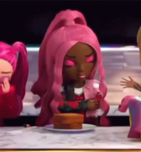Pink Hair Doll At Table With Food Sandwich GIF