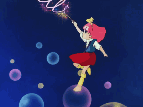 Pink Hair Girl Blowing Bubbles With Wand GIF