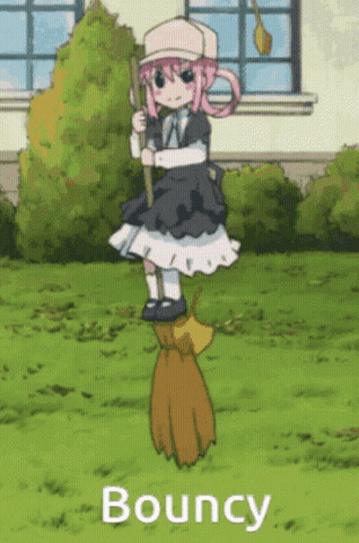 Pink Hair Girl Bouncing On Broom GIF