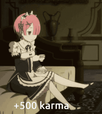 Pink Hair Girl Sitting On Couch Holding Coffee +500 Karma GIF