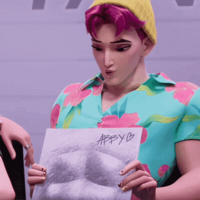 Pink Hair Person Holding Abby Paper GIF