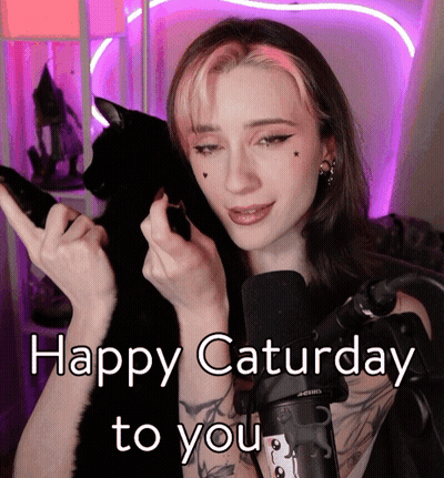 Pink Hair Woman Holding Black Cat Happy Saturday GIF