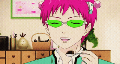 Pink Haired Anime Character With Green Glasses Eating GIF