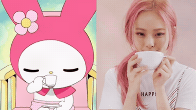 Pink-Haired Girl Drinking Cup Beside Cartoon Character GIF