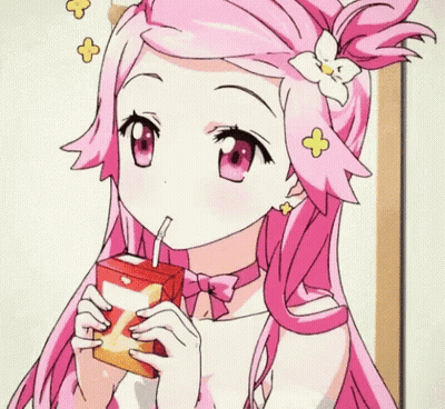 Pink-Haired Girl Drinking From Box With Straw GIF