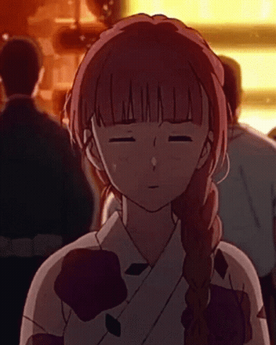 Pink-Haired Girl In Kimono Standing In Crowd GIF