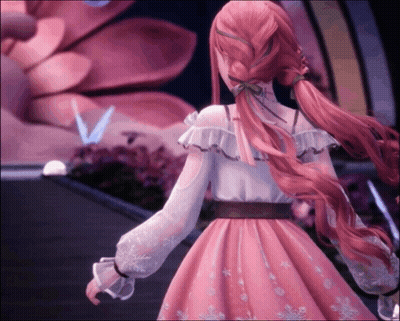 Pink-Haired Girl In Pink Ruffled Dress GIF