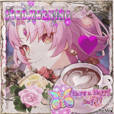 Pink-Haired Girl With Coffee Cup Says Good Morning GIF