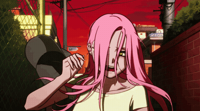 Pink-Haired Woman Holding Hat Near Aoyama Sign GIF