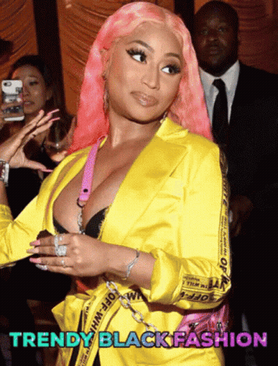 Pink-Haired Woman In Yellow Jacket Saying Trendy Black Fashion GIF