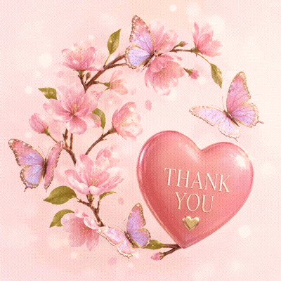 Pink Heart Saying Thank You Surrounded By Flowers GIF