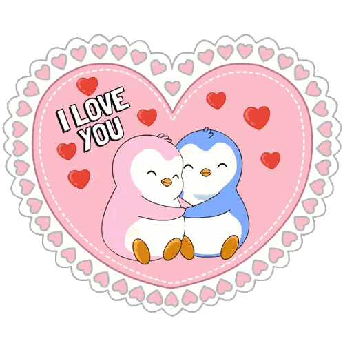 Pink Heart With Penguins Hugging I Love You Sticker