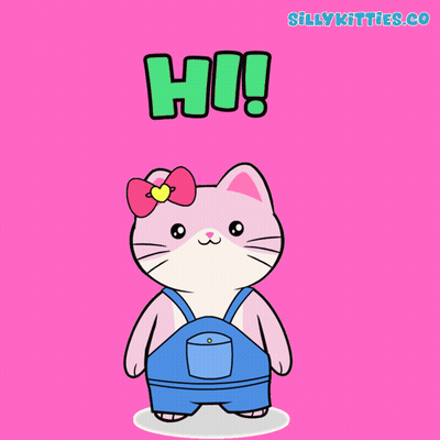 Pink Hello Kitty In Blue Overalls Saying Hi GIF