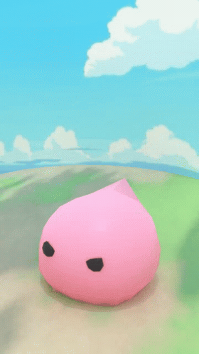 Objeto rosa con ojos negros en campo de hierba GIF