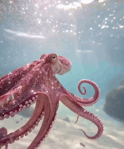 Pink Octopus Swimming In Ocean Looking At Camera GIF