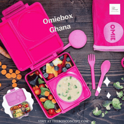 Pink Omiebox Ghana On Wooden Table With Food And Utensils GIF
