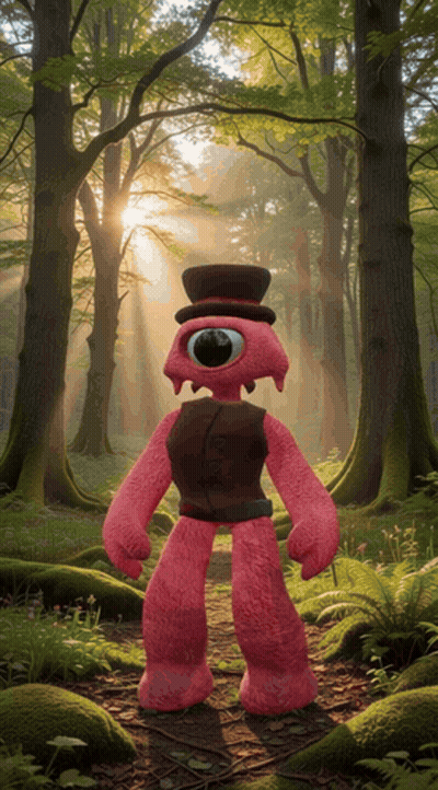 Pink One-Eyed Monster Standing In Forest GIF