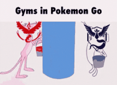 Pink Panther And Pokemon Go Near Blue Cylinder GIF