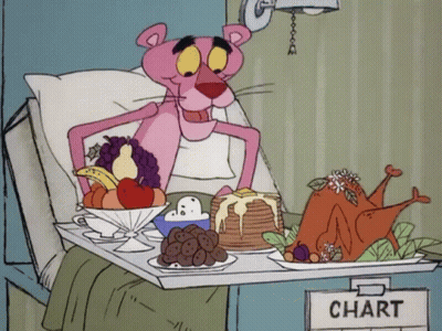 Pink Panther In Hospital Bed With Food Tray And Chart Sign GIF