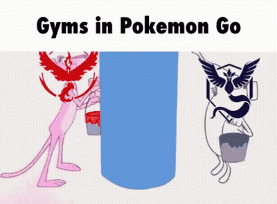 Pink Panther Painting Blue Cylinder And Pokemon Go Character Holding Bucket GIF
