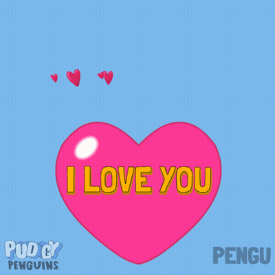 Pink Penguin Flying Over Heart Saying I Love You GIF