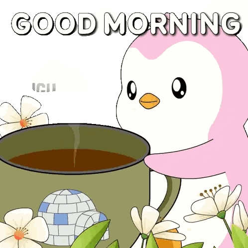 Pink Penguin Holding Coffee Good Morning Sticker