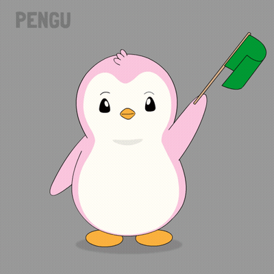 Pink Penguin Holding Green Flag With Word Pengu GIF