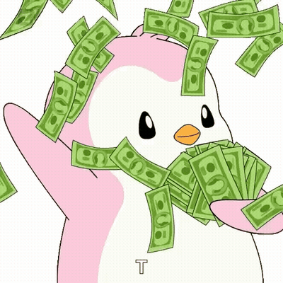 Pink Penguin Holding Stack of Money