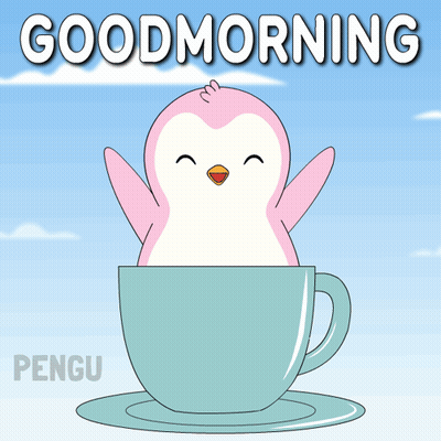 Pink Penguin In Blue Cup Saying Good Morning GIF