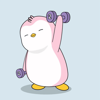 Pink Penguin Lifting Purple Dumbbells GIF