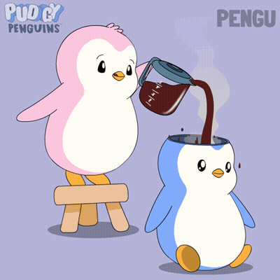 Pink Penguin Pouring Coffee Into Blue Penguin GIF