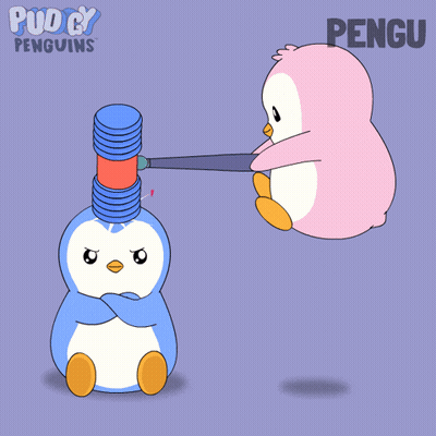 Pink Penguin Pouring Coffee Into Blue Penguin GIF