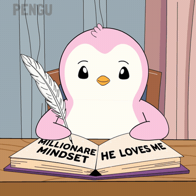 Pink Penguin Reading Millionaire Mindset Book GIF